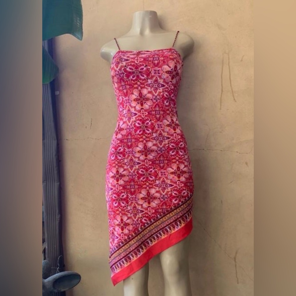 EVOLUTION Floral Beaded-Strap Handkerchief Hem Dress, Red/White/Black, Small EUC